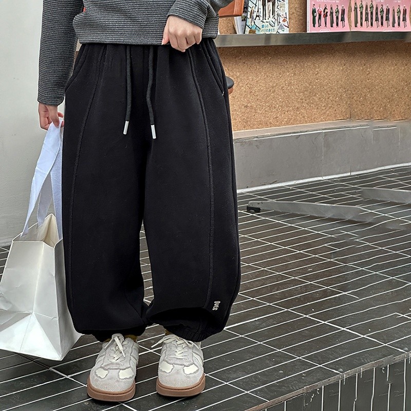 【加絨】艾摩貝貝女童褲子兒童寬鬆休閒保暖複合240g加厚拼接衛褲-規格圖5