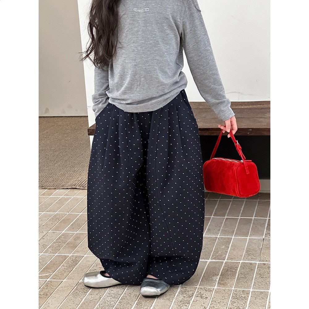 艾摩貝貝春秋季女童韓版甜美滿印波點壓褶休閒褲寬鬆百搭闊腿褲-細節圖2