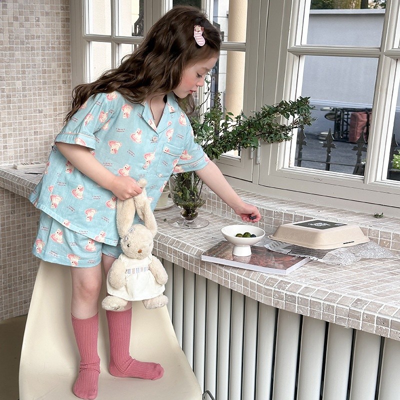 親膚舒適兒童卡通開襟A類棉家居服男女童嬰兒紗短袖/長袖睡衣套裝-規格圖5