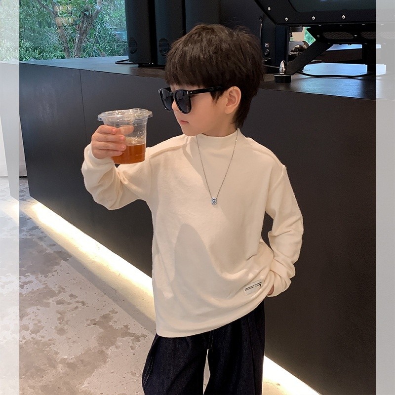 艾摩貝貝兒童2024春中領莫代爾打底衣男女童寶寶貼標舒適長袖T恤-規格圖5