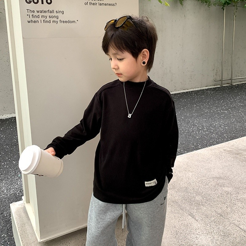艾摩貝貝兒童2024春中領莫代爾打底衣男女童寶寶貼標舒適長袖T恤-規格圖5