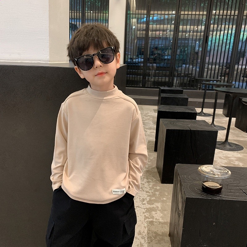 艾摩貝貝兒童2024春中領莫代爾打底衣男女童寶寶貼標舒適長袖T恤-規格圖5
