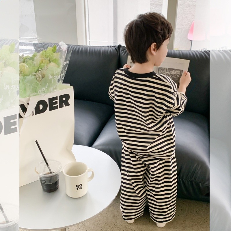 兒童睡衣2024春款男女童洋氣條紋家居服寶寶拉架棉舒適兩件褲套裝-細節圖4