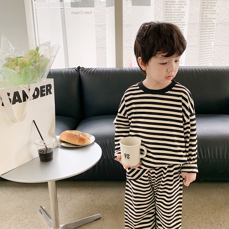 兒童睡衣2024春款男女童洋氣條紋家居服寶寶拉架棉舒適兩件褲套裝-規格圖5