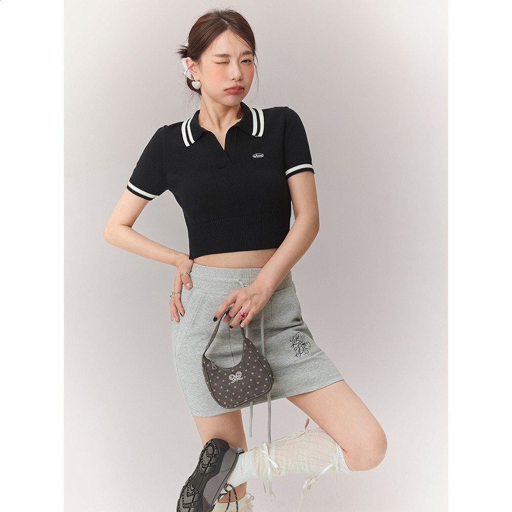 CHUU撞色翻領針織衫女2026年春秋新品polo領學院風復古短袖上衣-細節圖3