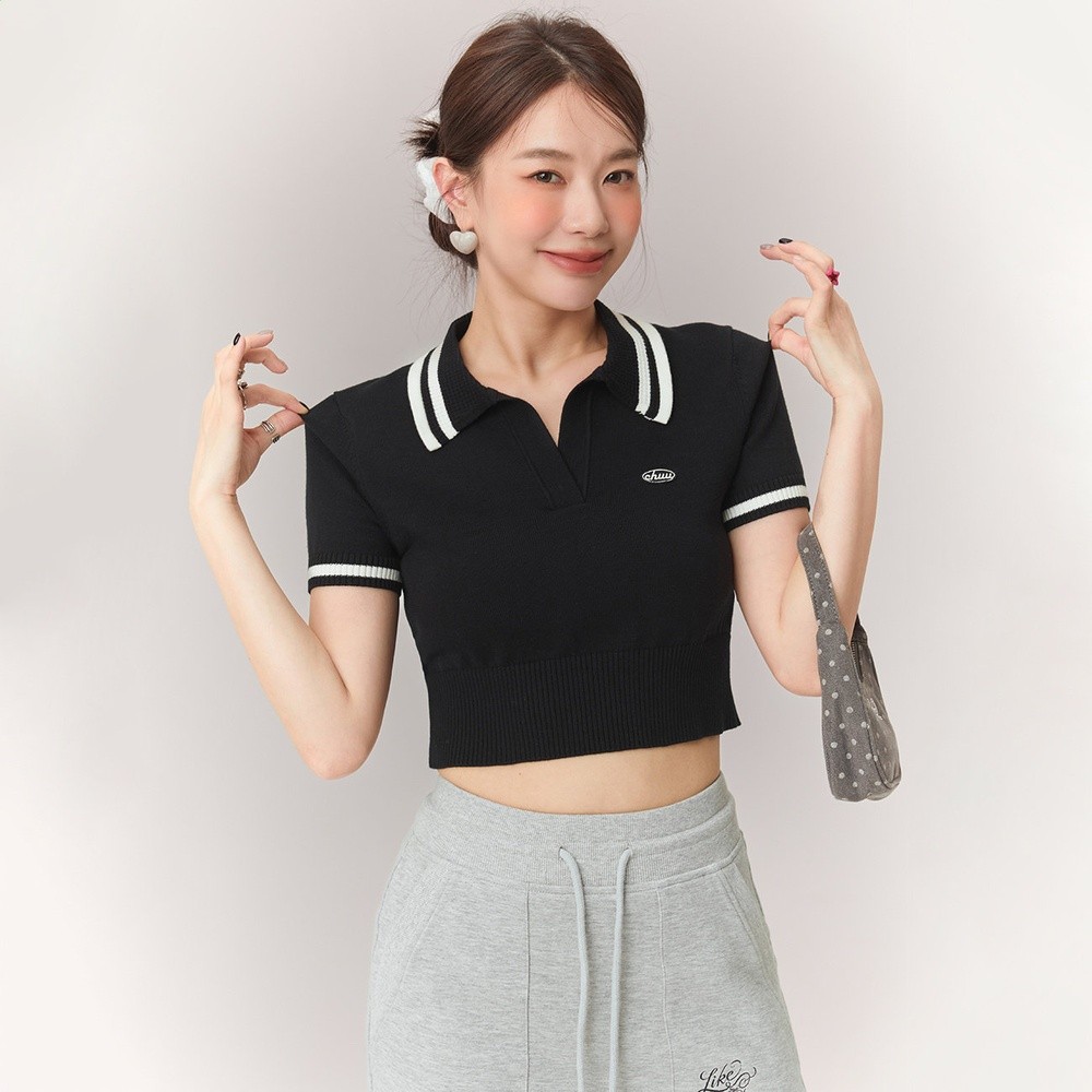 CHUU撞色翻領針織衫女2026年春秋新品polo領學院風復古短袖上衣-規格圖5
