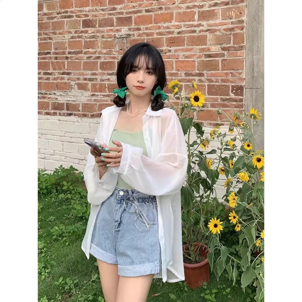 珠光砂冰絲防曬襯衫女夏季薄款配吊帶裙外搭開襟空調衫防曬衣罩衫-細節圖5