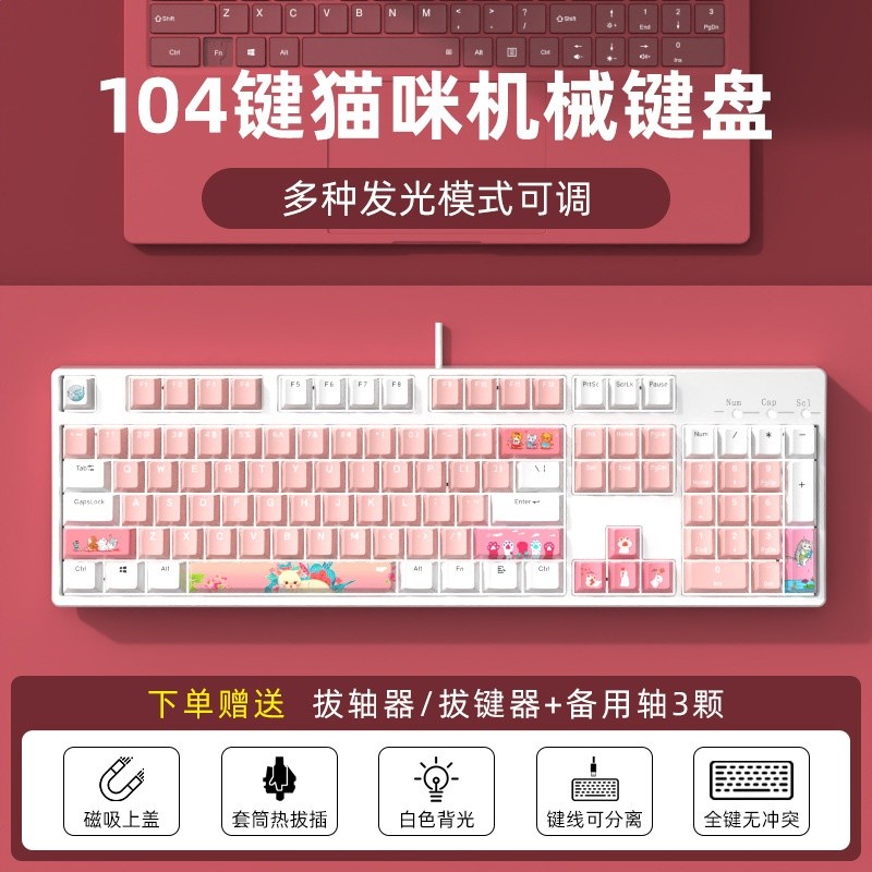白底-內粉外白-貓咪（熱插拔軸/鍵線分離/磁吸上蓋）