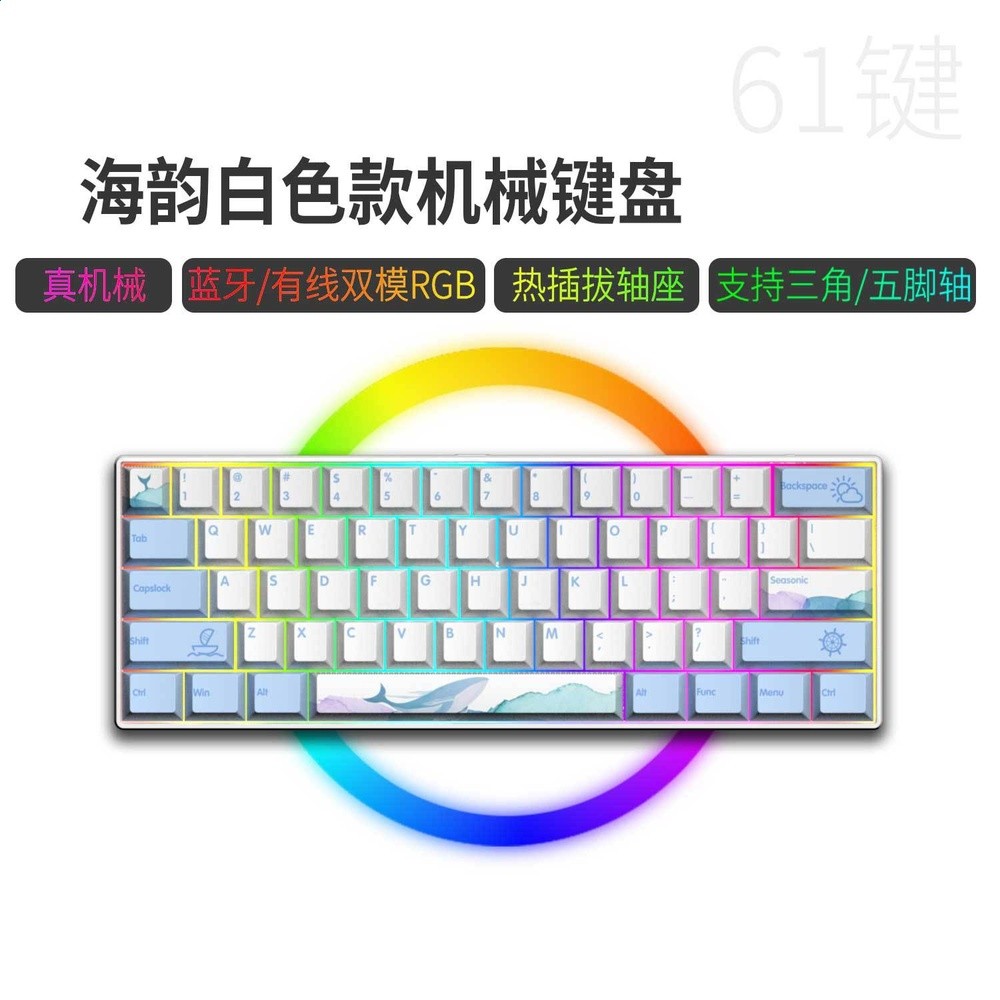 藍牙/有線雙模61鍵-白底-海韻（熱插拔軸，鍵線分離））
