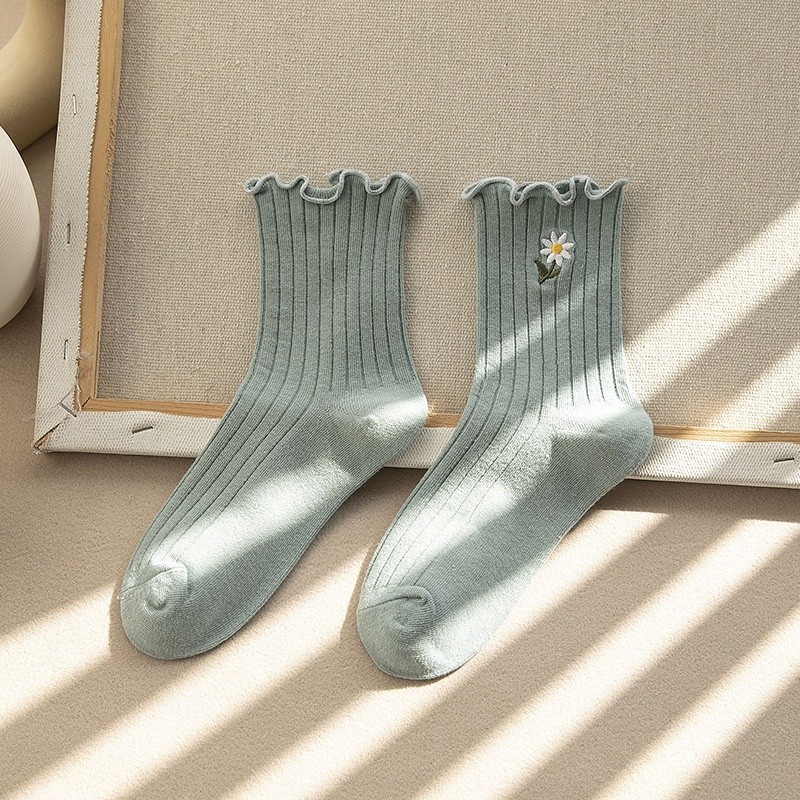 春季新款棉質日系甜美花邊中筒女襪 時尚木耳邊小花刺繡堆堆襪-規格圖5