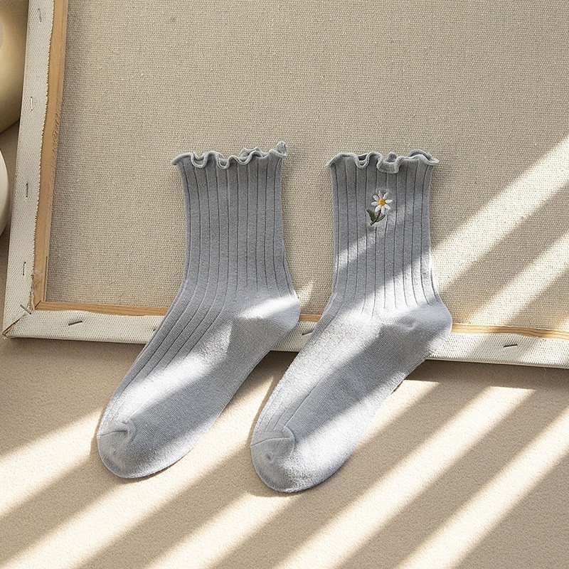 春季新款棉質日系甜美花邊中筒女襪 時尚木耳邊小花刺繡堆堆襪-規格圖5