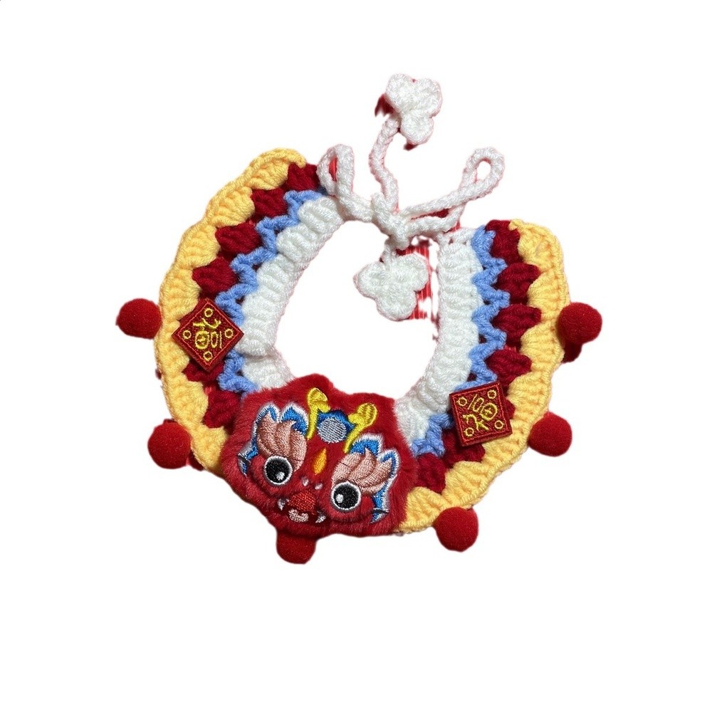 原創寵物新年飾品福圍巾圍脖貓咪狗狗節日圍嘴手鉤毛線紅項圈圍兜-細節圖5