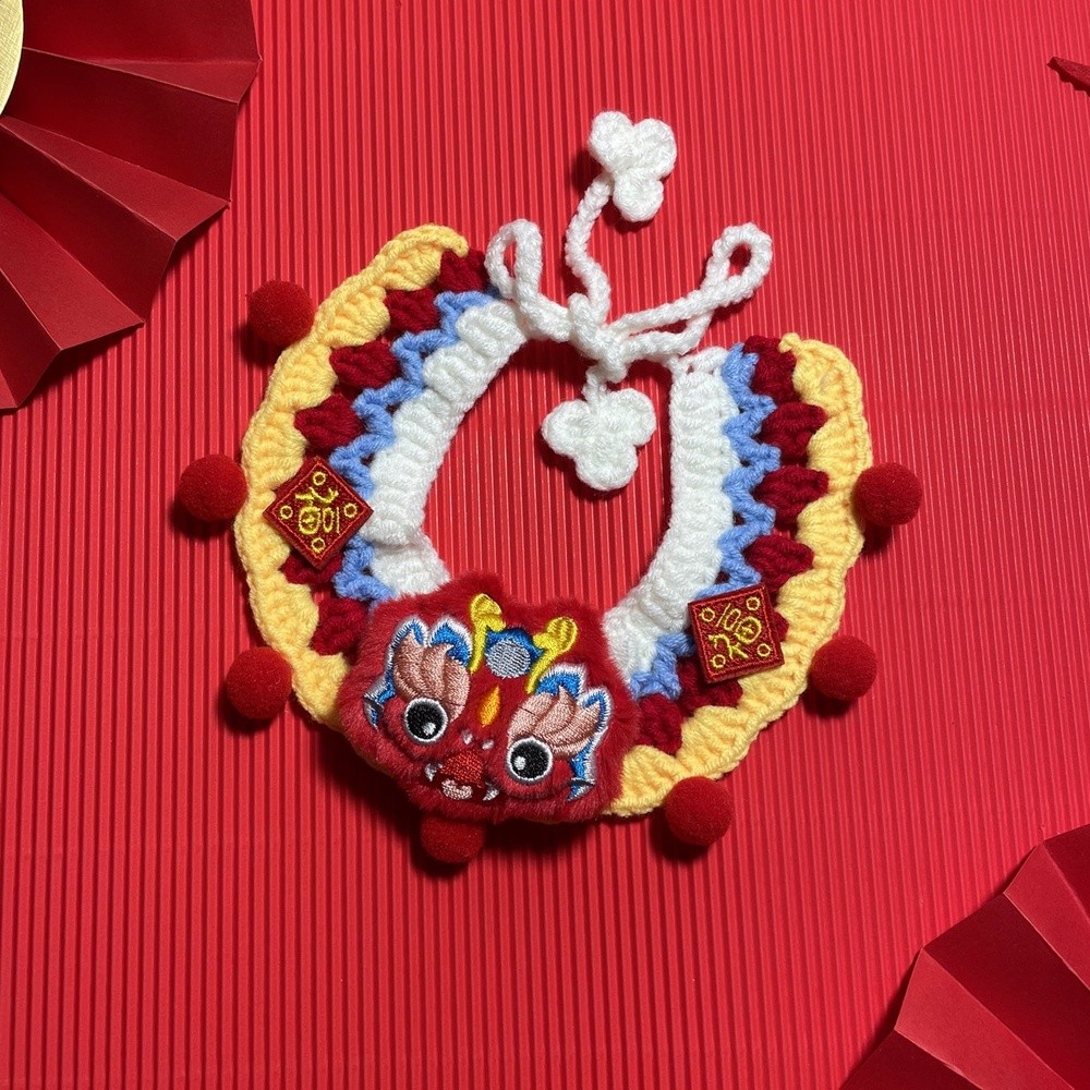 原創寵物新年飾品福圍巾圍脖貓咪狗狗節日圍嘴手鉤毛線紅項圈圍兜-規格圖5