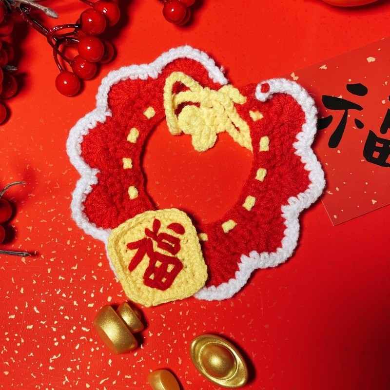 原創寵物新年飾品福圍巾圍脖貓咪狗狗節日圍嘴手鉤毛線紅項圈圍兜-規格圖5