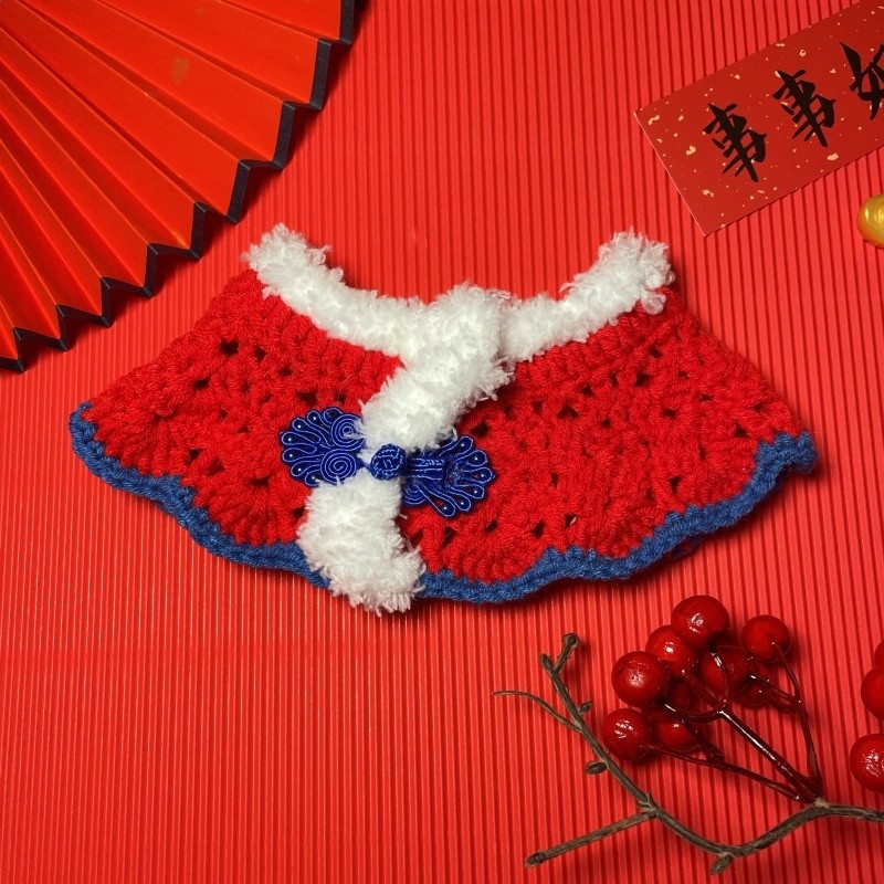 原創寵物新年飾品福圍巾圍脖貓咪狗狗節日圍嘴手鉤毛線紅項圈圍兜-規格圖5