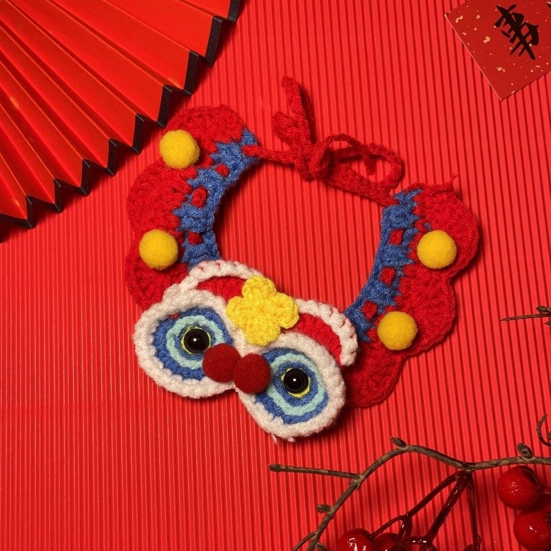 原創寵物新年飾品福圍巾圍脖貓咪狗狗節日圍嘴手鉤毛線紅項圈圍兜-規格圖5