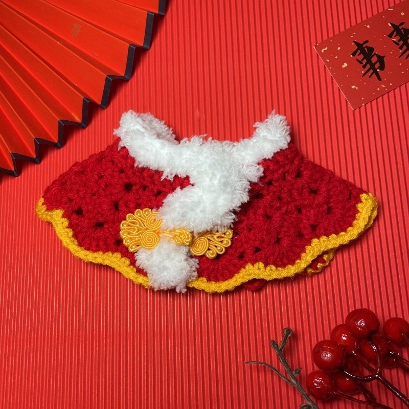 原創寵物新年飾品福圍巾圍脖貓咪狗狗節日圍嘴手鉤毛線紅項圈圍兜-規格圖5