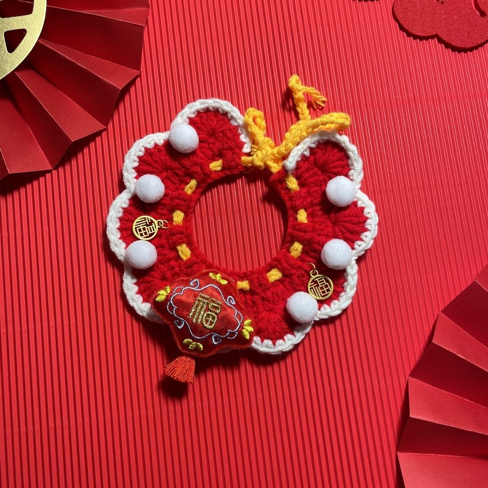 原創寵物新年飾品福圍巾圍脖貓咪狗狗節日圍嘴手鉤毛線紅項圈圍兜-規格圖5