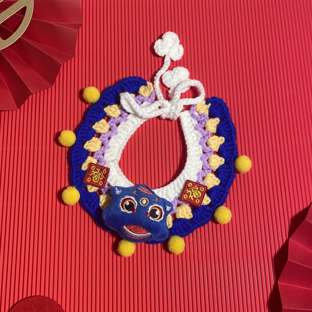 原創寵物新年飾品福圍巾圍脖貓咪狗狗節日圍嘴手鉤毛線紅項圈圍兜-規格圖5