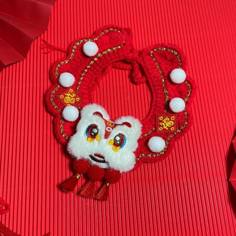 原創寵物新年飾品福圍巾圍脖貓咪狗狗節日圍嘴手鉤毛線紅項圈圍兜-規格圖5