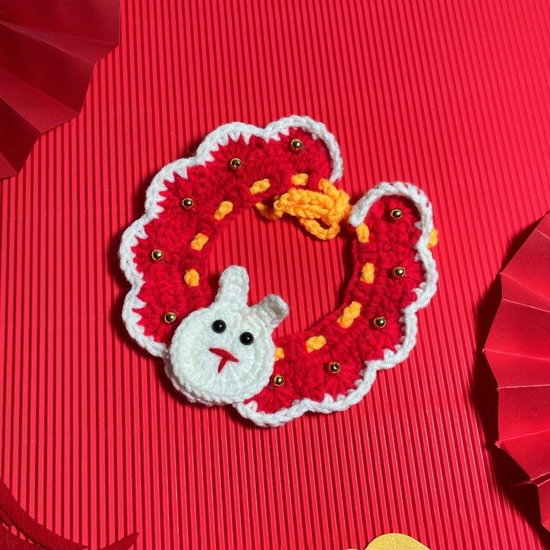 原創寵物新年飾品福圍巾圍脖貓咪狗狗節日圍嘴手鉤毛線紅項圈圍兜-規格圖5