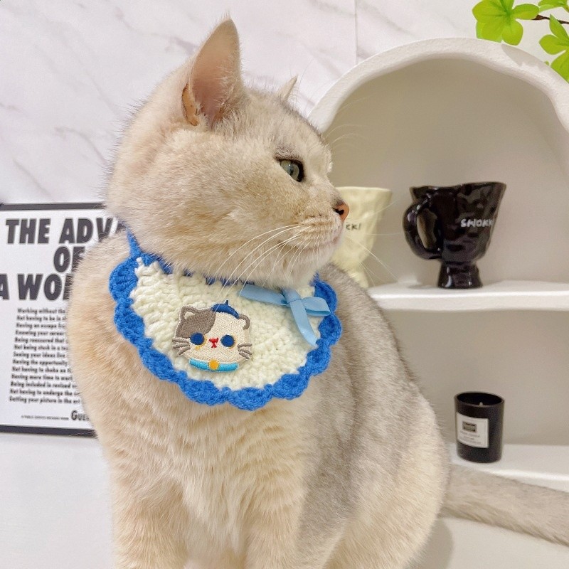 新款小貓卡通動物圍兜寵物毛線圍嘴貓狗針織口水巾圍領廠家批發-細節圖3