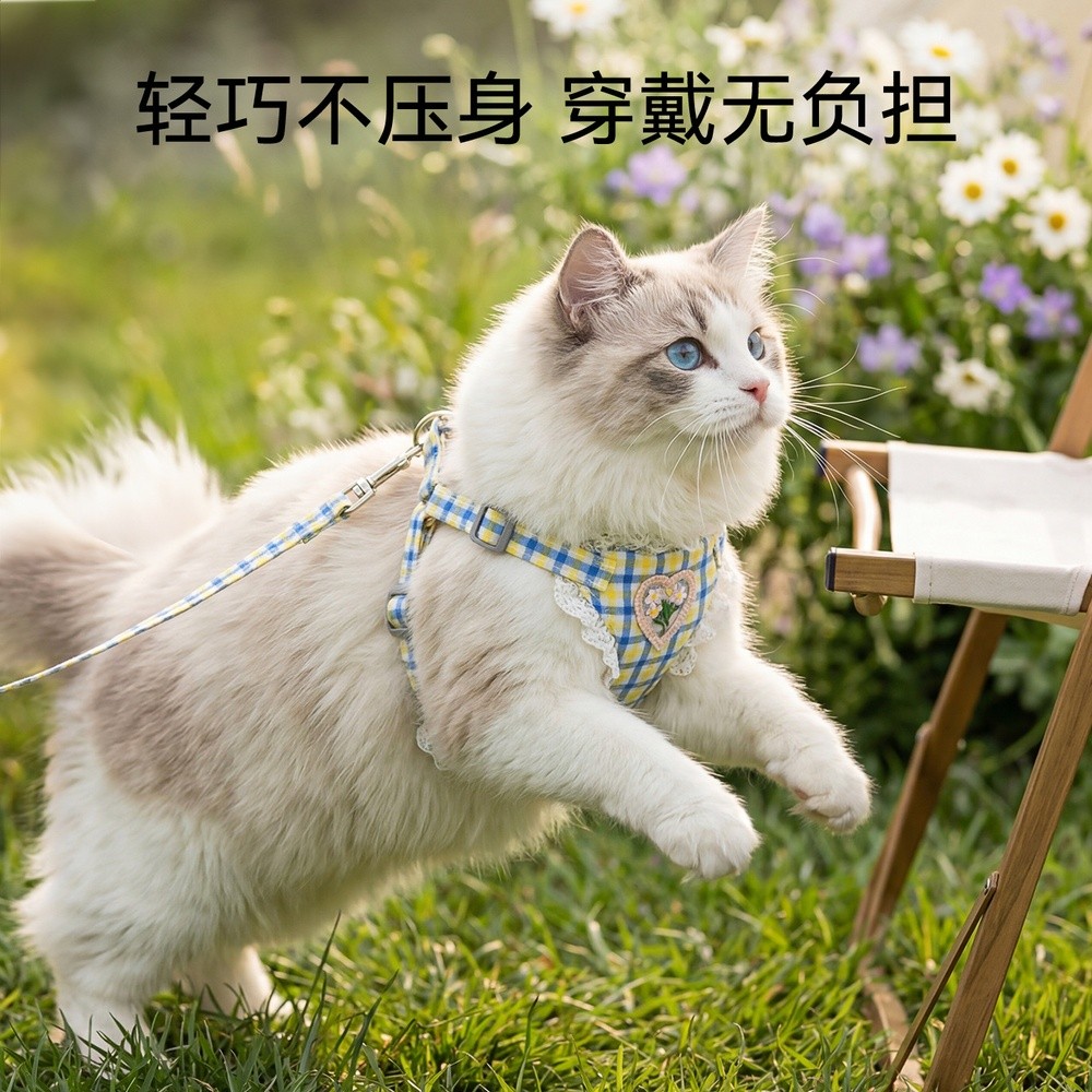 韓系春日花境胸背牽引繩外出防掙脫不勒脖溜貓繩寵物可調節背心式-細節圖2