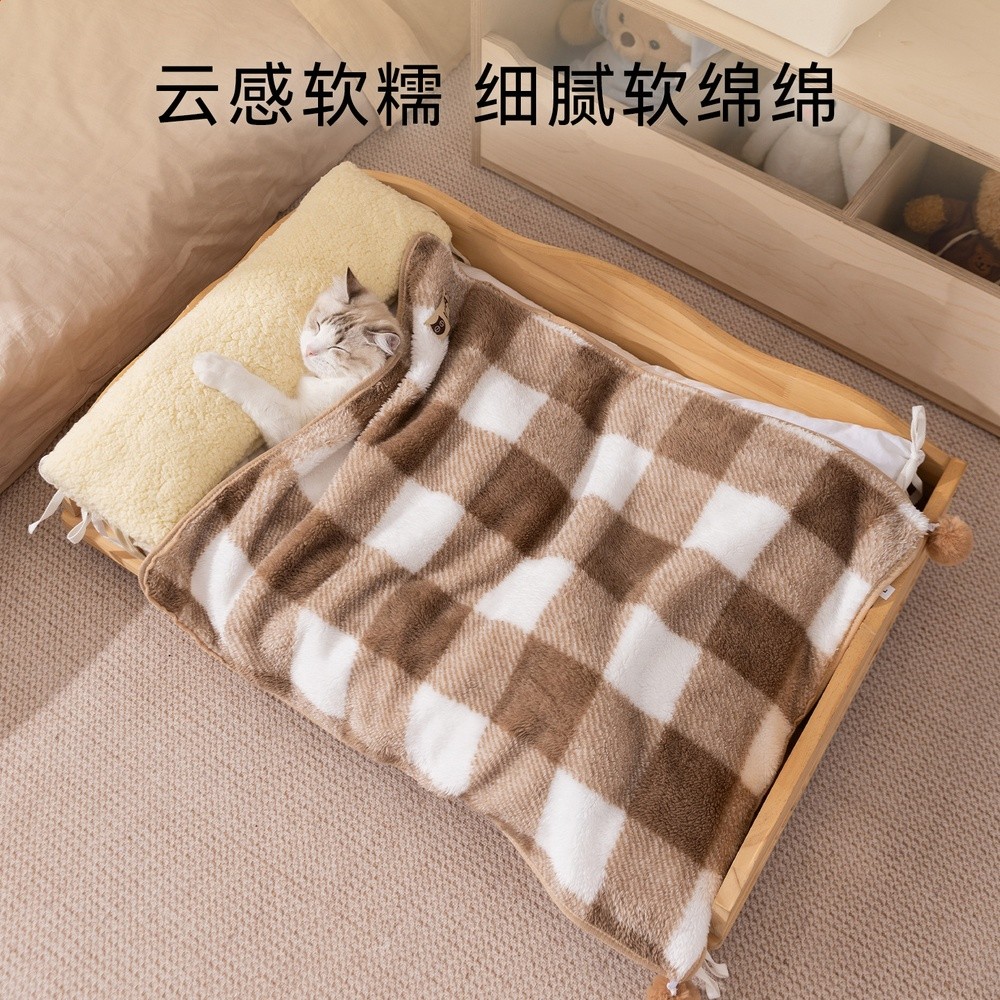神經貓奶油風格子毛毯小型犬貓咪貓窩貓墊子秋冬保暖長絨寵物毛毯-細節圖2