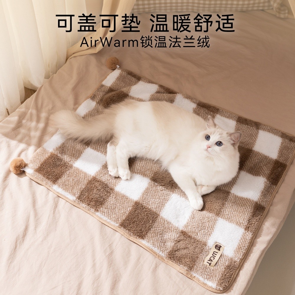 神經貓奶油風格子毛毯小型犬貓咪貓窩貓墊子秋冬保暖長絨寵物毛毯-細節圖3