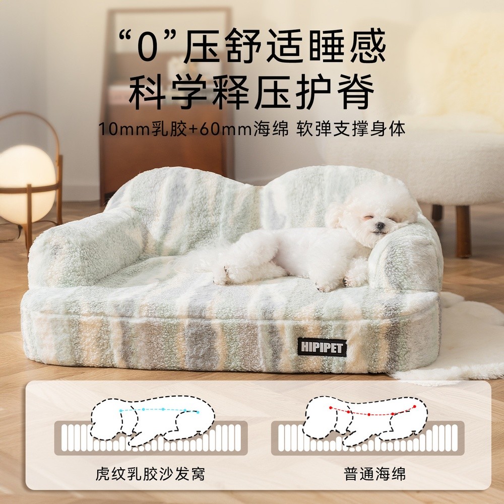 秋冬加絨虎紋乳膠靠背沙發窩小型犬比熊護頸狗窩狗床寵物狗窩批發-細節圖3