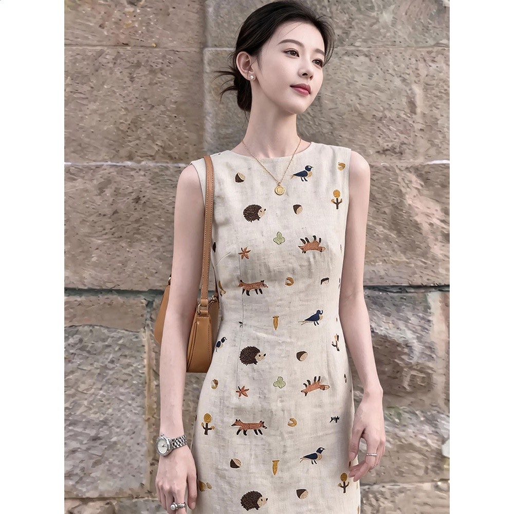 法式杏色印花連衣裙女夏高智設計感小個子巨好看重要場合漂亮裙子-細節圖2