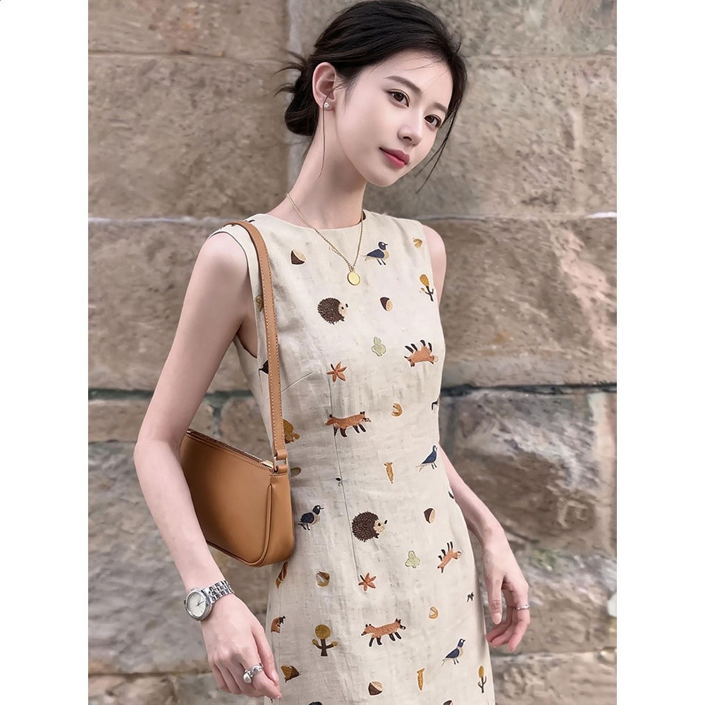 法式杏色印花連衣裙女夏高智設計感小個子巨好看重要場合漂亮裙子-細節圖3