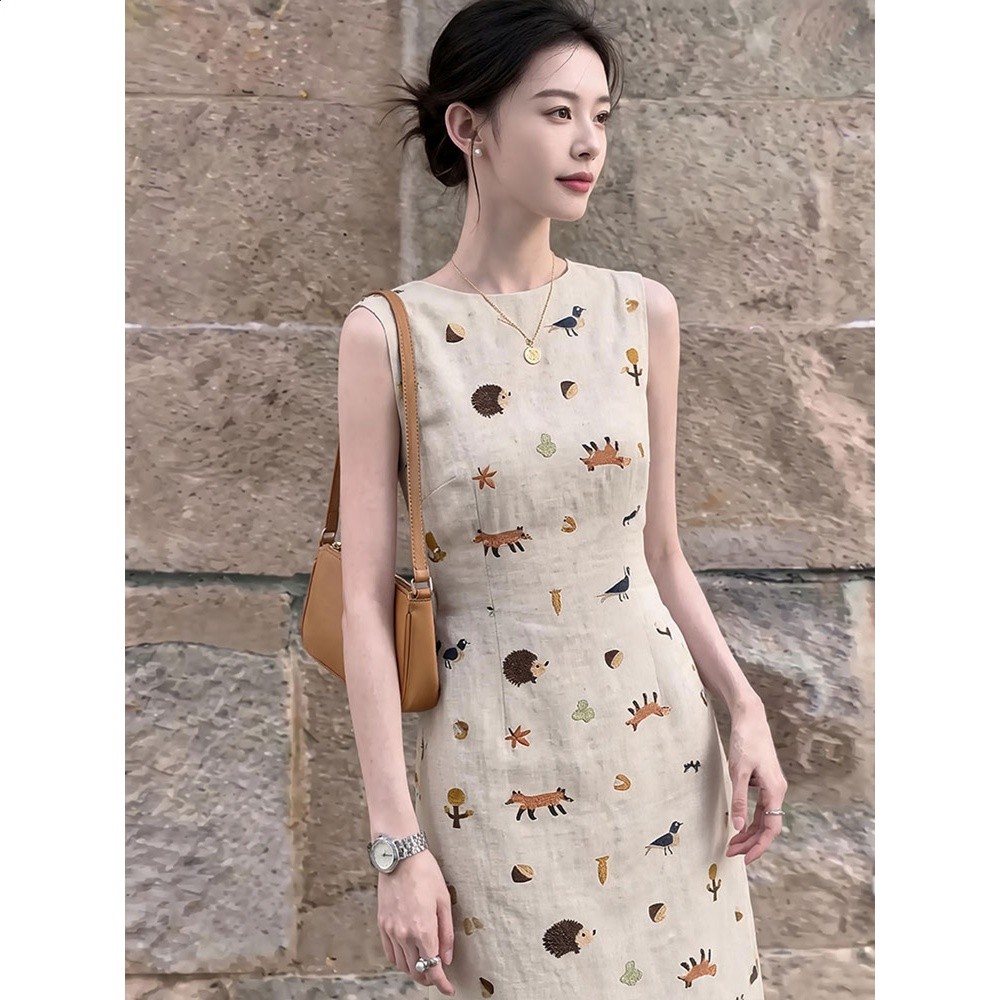 法式杏色印花連衣裙女夏高智設計感小個子巨好看重要場合漂亮裙子-細節圖4