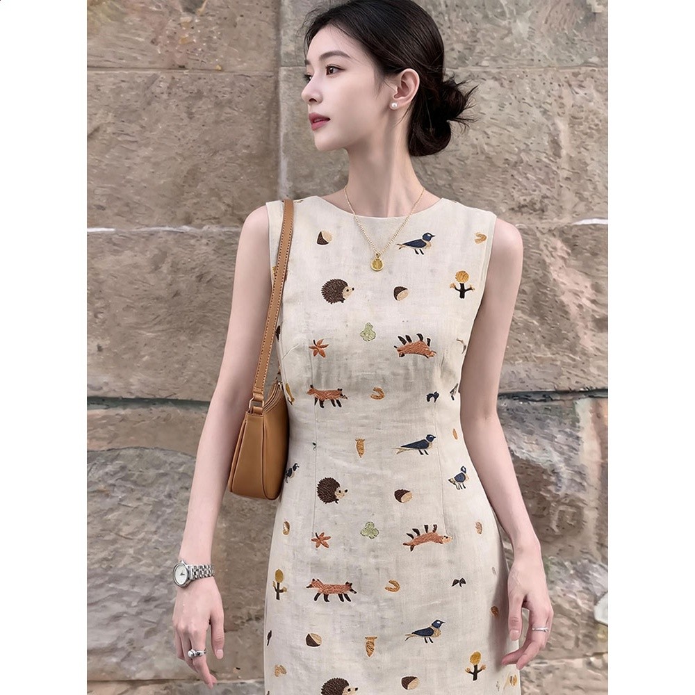 法式杏色印花連衣裙女夏高智設計感小個子巨好看重要場合漂亮裙子-細節圖5