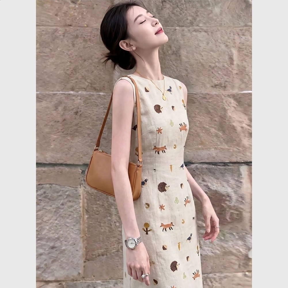 法式杏色印花連衣裙女夏高智設計感小個子巨好看重要場合漂亮裙子-規格圖5