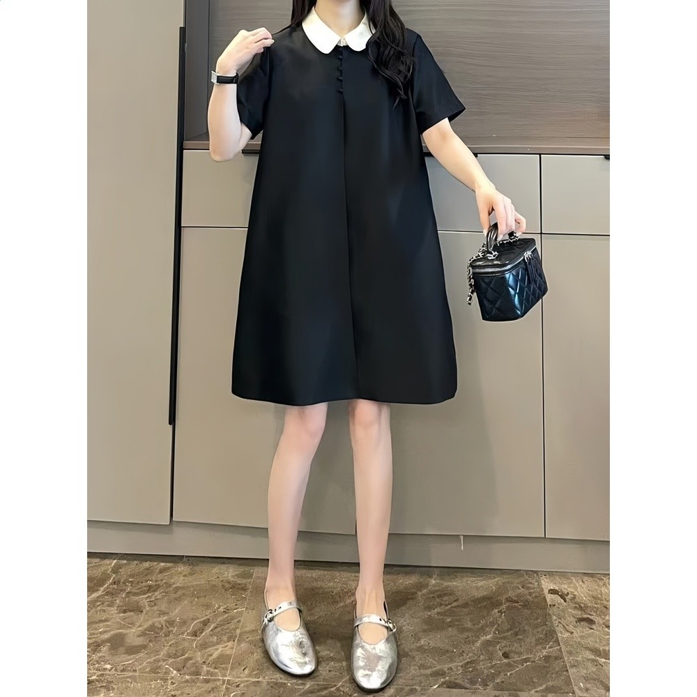 法式設計感娃娃領休閒黑色連衣裙女2026夏季大碼胖MM寬鬆時尚裙子-細節圖2