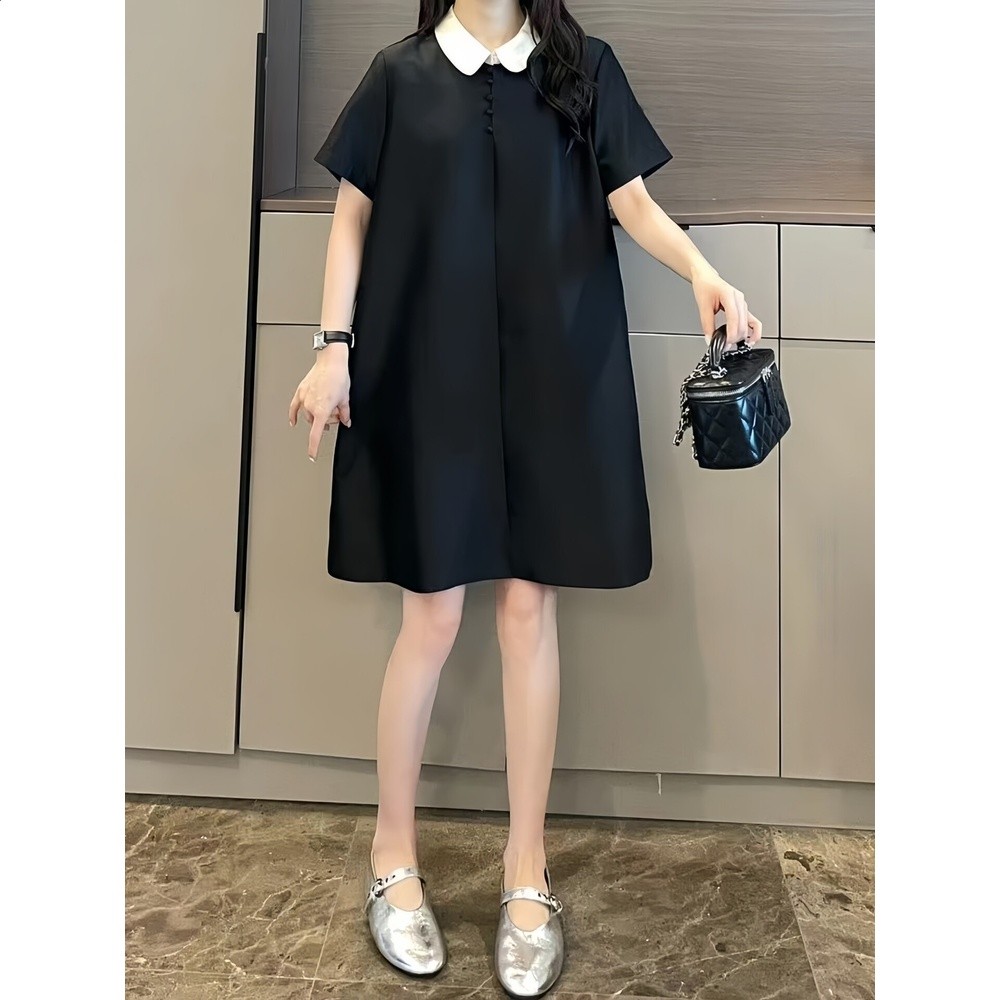 法式設計感娃娃領休閒黑色連衣裙女2026夏季大碼胖MM寬鬆時尚裙子-細節圖3