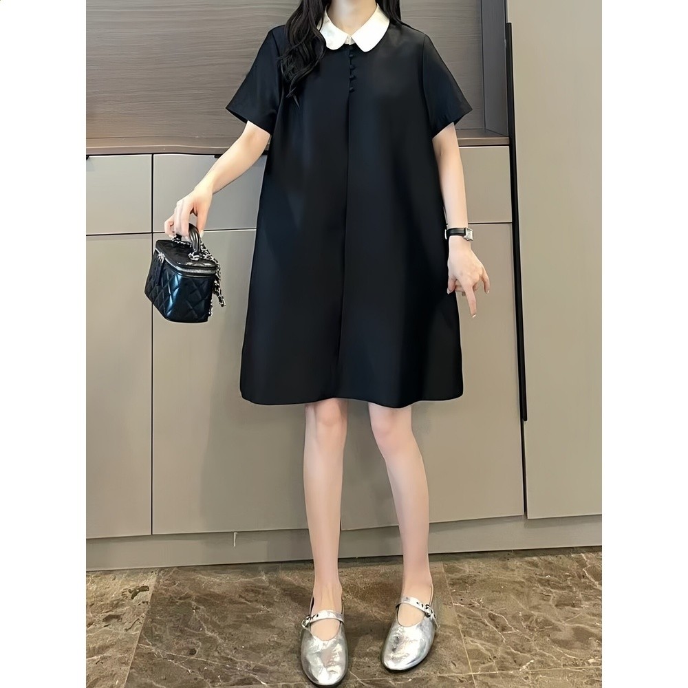 法式設計感娃娃領休閒黑色連衣裙女2026夏季大碼胖MM寬鬆時尚裙子-細節圖4