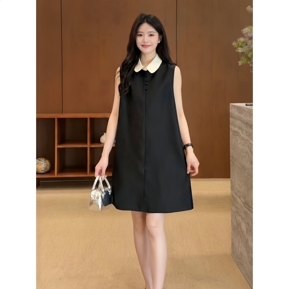 法式設計感娃娃領休閒黑色連衣裙女2026夏季大碼胖MM寬鬆時尚裙子-細節圖5