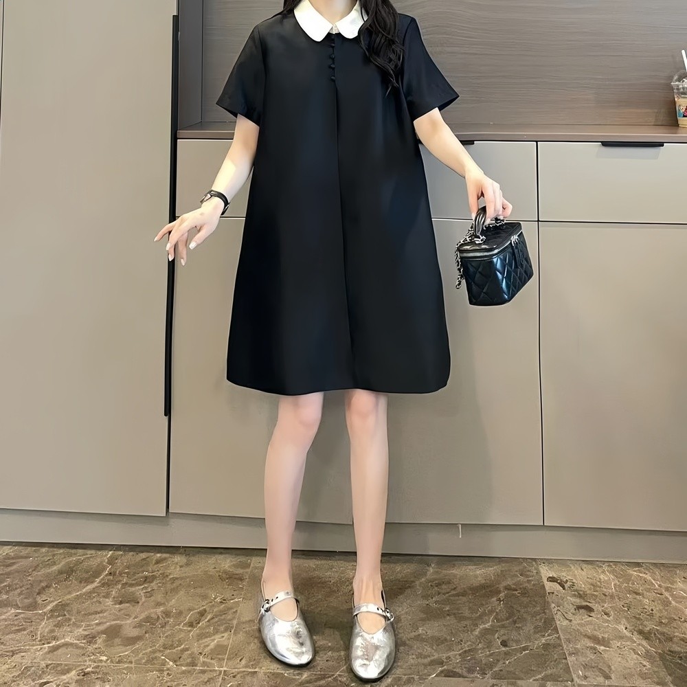 法式設計感娃娃領休閒黑色連衣裙女2026夏季大碼胖MM寬鬆時尚裙子-規格圖5
