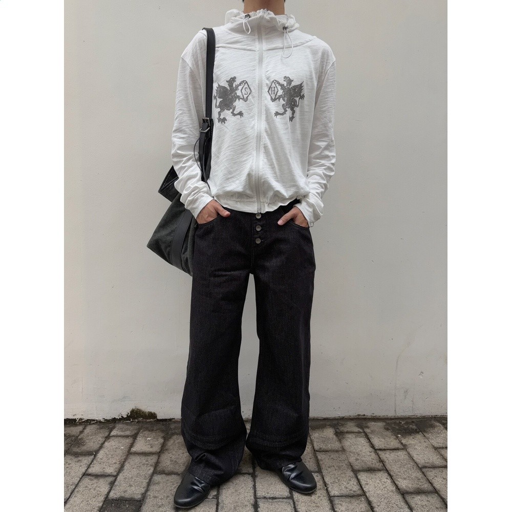 涼感竹節棉cleanfit短寬罩衫男女慵懶輕亞小眾拉鍊連帽印花防曬服-細節圖4