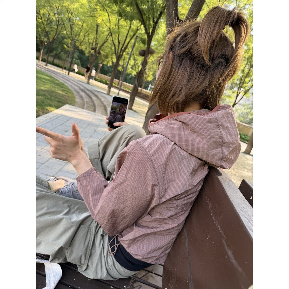 山系輕戶外機能風攀s鼠乾枯玫瑰透氣防風連帽短外套小方格防曬衣-細節圖5