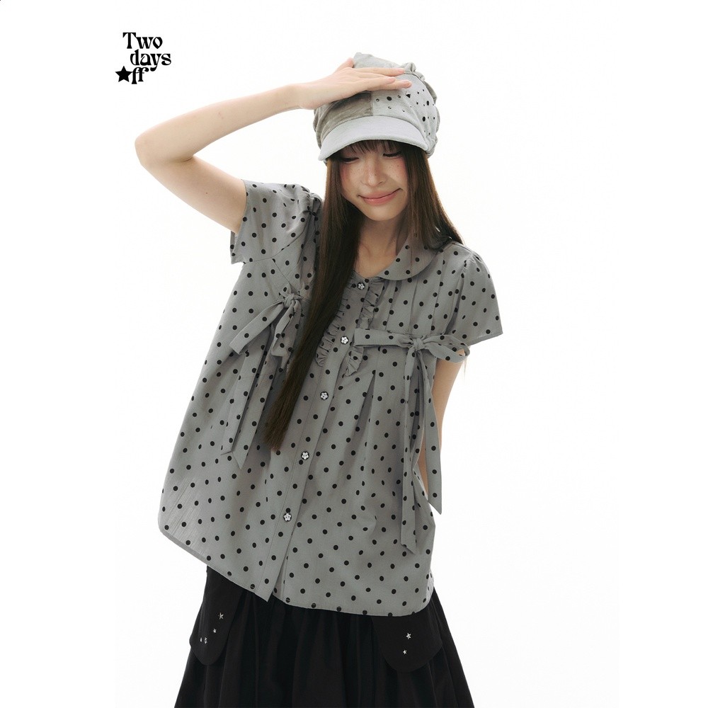 Twodaysoff雙休日韓系復古波點蝴蝶結翻領襯衫女夏季顯瘦短袖上衣-細節圖2