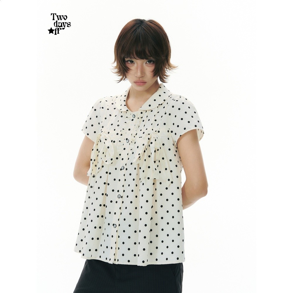 Twodaysoff雙休日韓系復古波點蝴蝶結翻領襯衫女夏季顯瘦短袖上衣-細節圖3