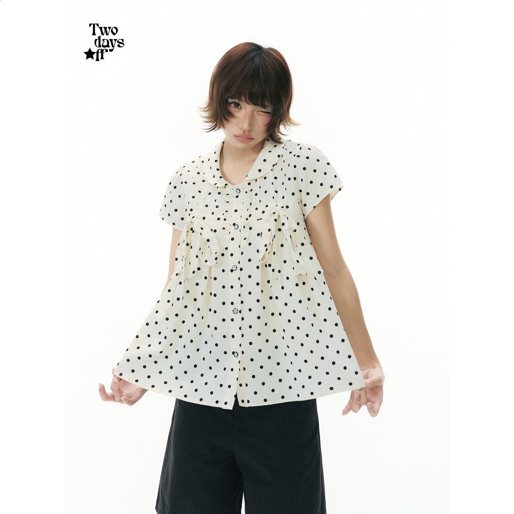 Twodaysoff雙休日韓系復古波點蝴蝶結翻領襯衫女夏季顯瘦短袖上衣-細節圖4