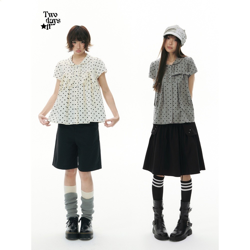 Twodaysoff雙休日韓系復古波點蝴蝶結翻領襯衫女夏季顯瘦短袖上衣-細節圖5