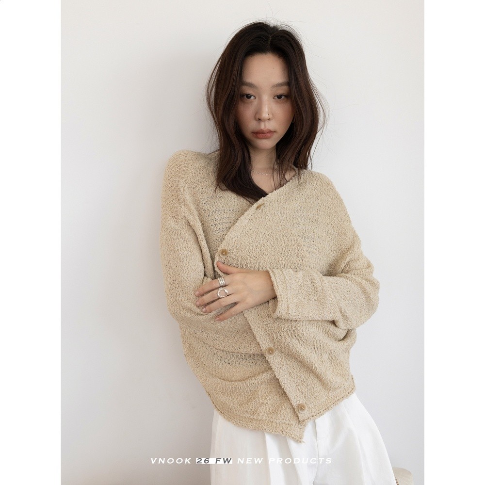VNOOK 肌理感針織毛衣女秋季新款韓系復古鬆弛軟糯寬鬆開襟薄外套-細節圖5