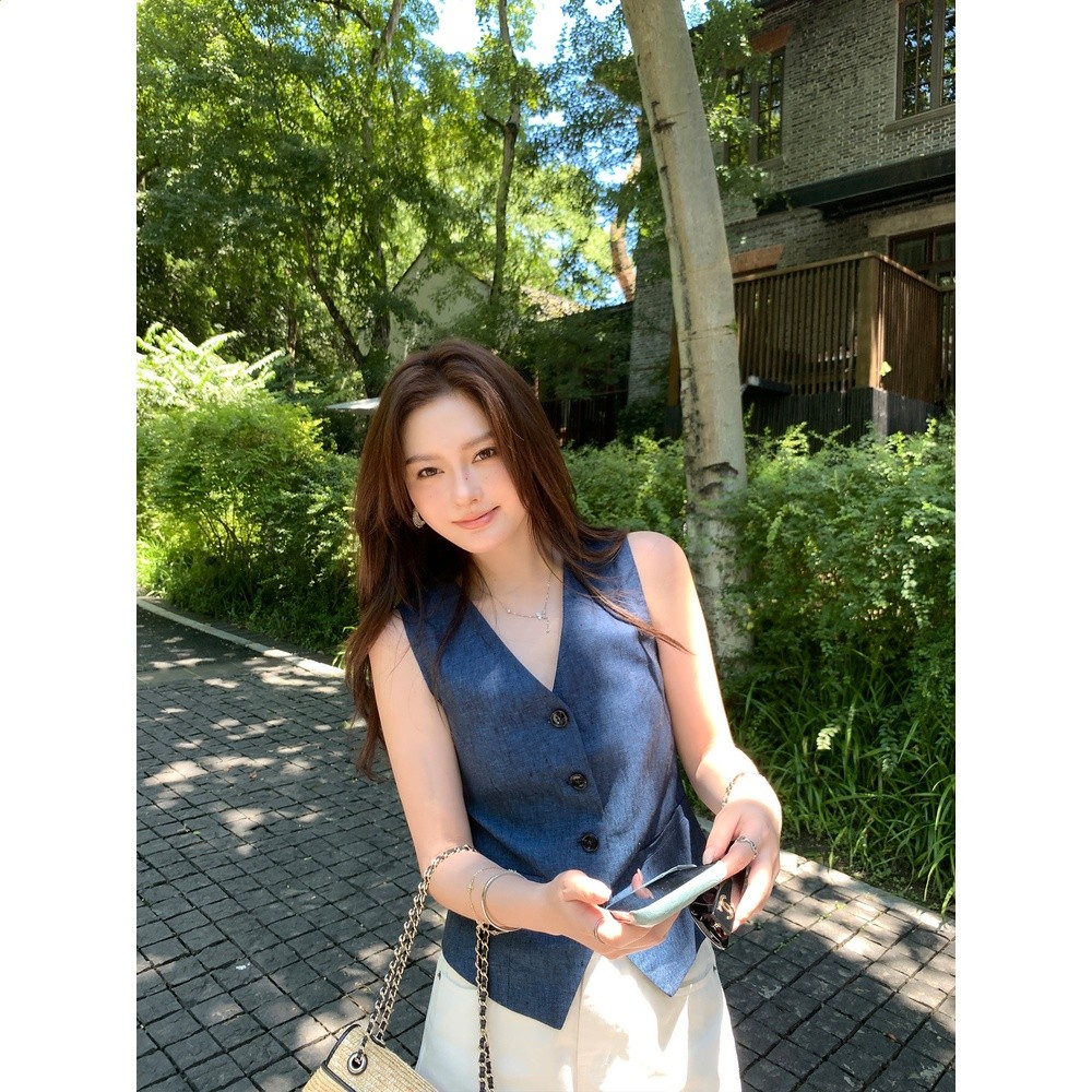 pusumede 造型單品 老錢風亞麻馬甲女小眾通勤馬夾洋氣背心上衣-細節圖4