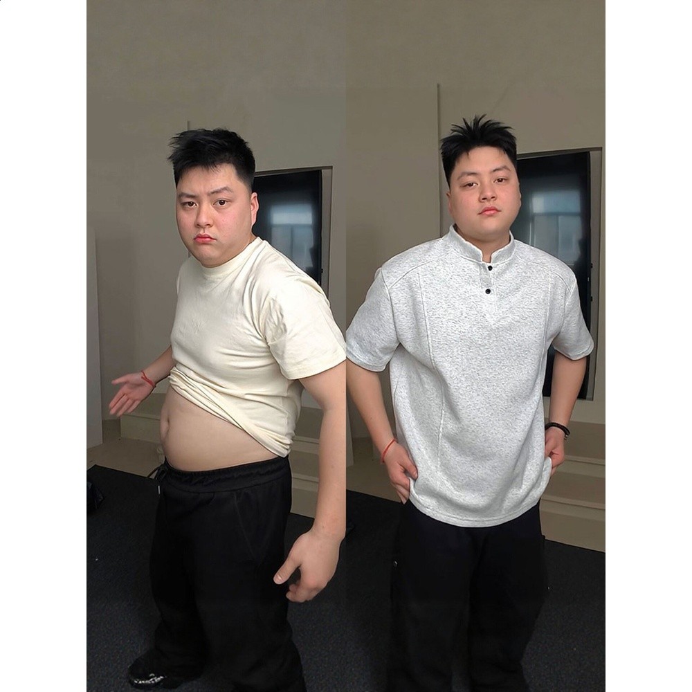 胖男生穿搭亨利領短袖男款夏季遮肉顯瘦大肚子t恤加肥加大polo衫-細節圖3
