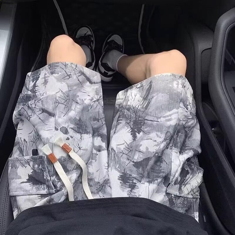 外貿高階夏季扎染工裝短褲男款大口袋寬鬆闊腿褲美式休閒五分中褲-細節圖2